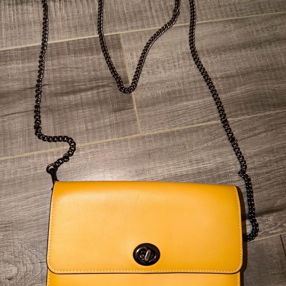 COACH Marlow Yellow Mustard Leather Crossbody Bag with Chain Strap